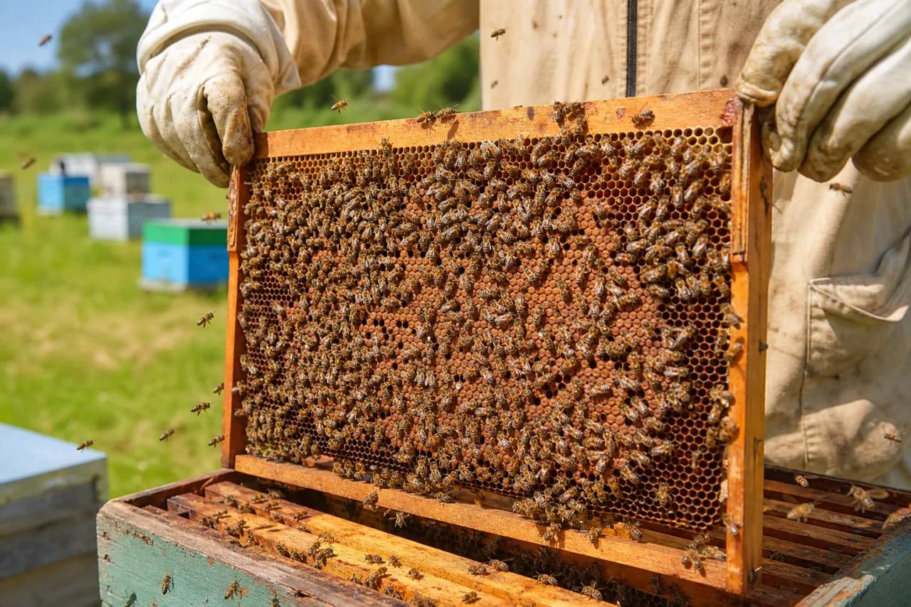 Imker hebt eine Bienenwabe aus dem Bienenstock