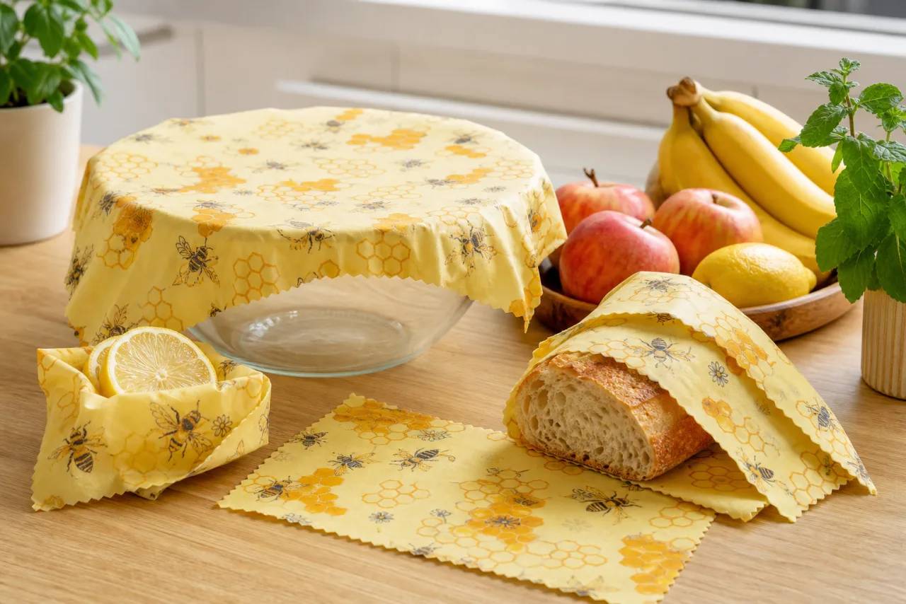 Bienenwachstücher mit Bienenmuster, eines davon deckt eine Glasschüssel ab