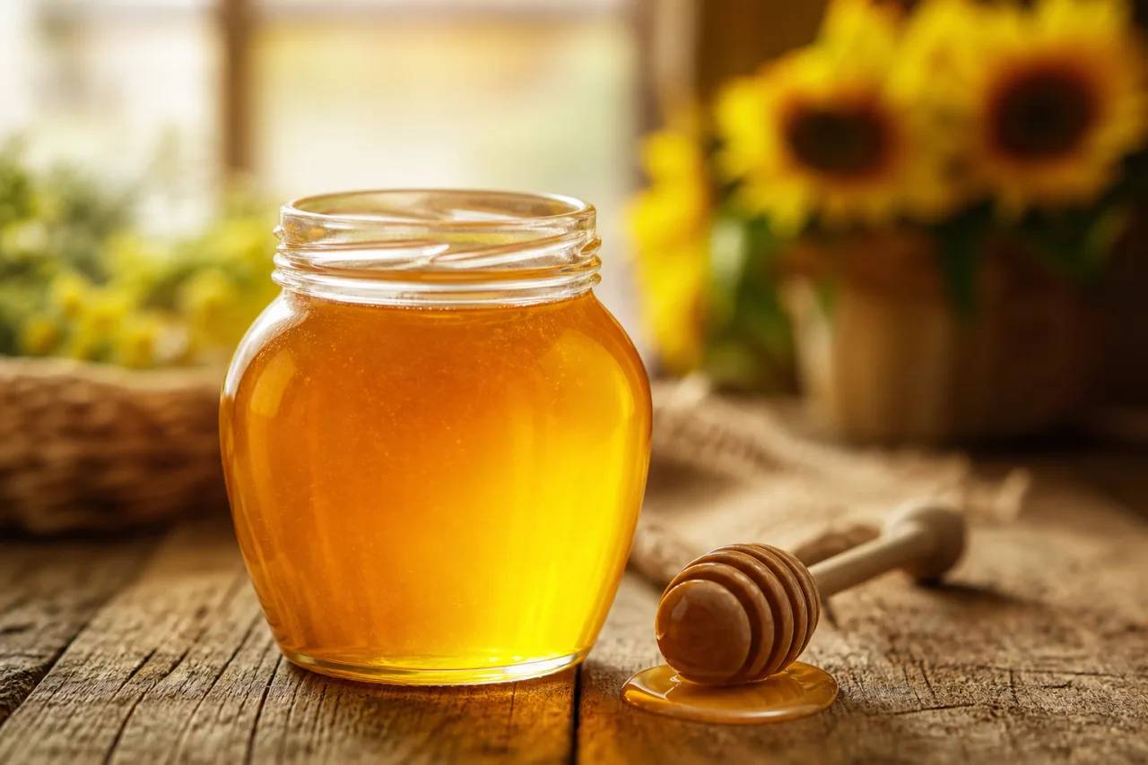 Glas mit flüssigem, goldenem Honig und Honiglöffel auf einem Holztisch