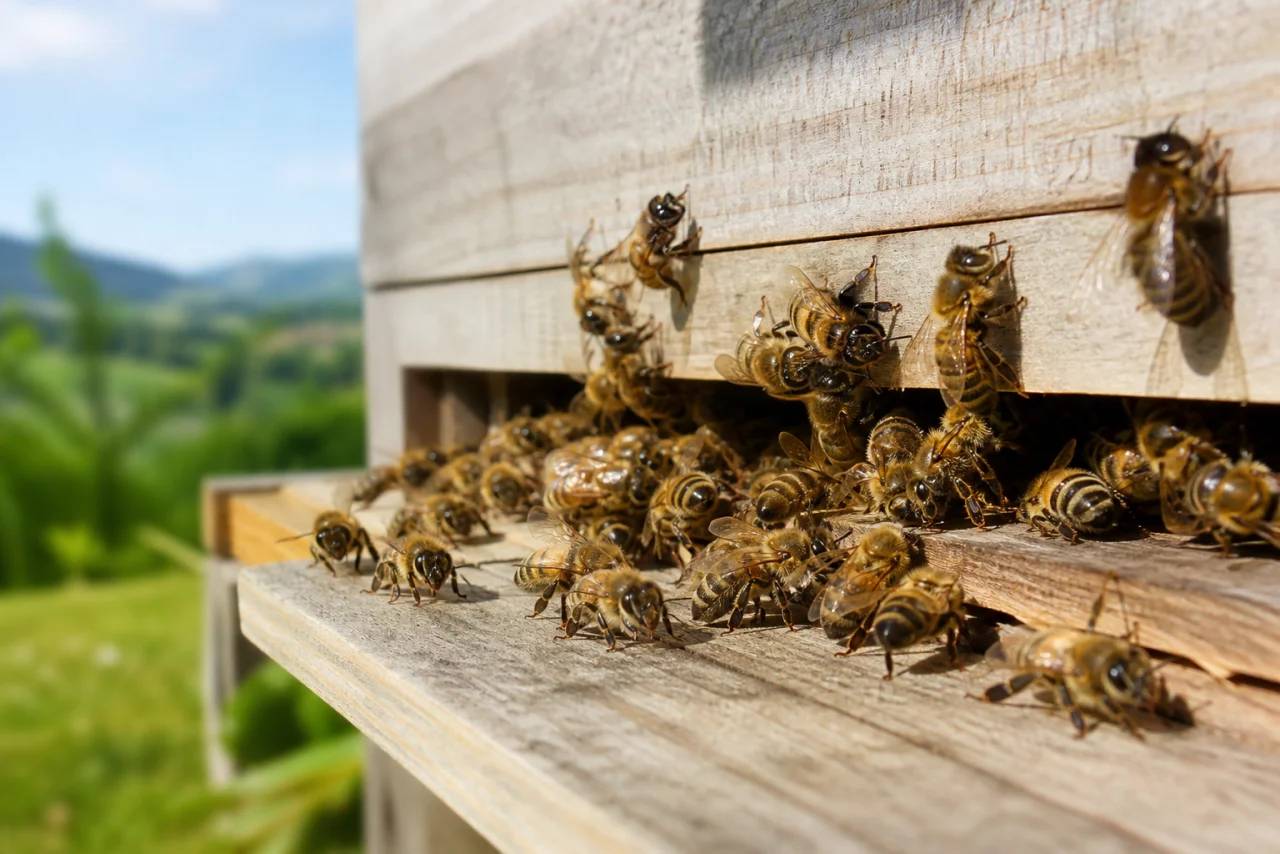 Gesunde Bienen am Einflugloch eines Bienenstocks