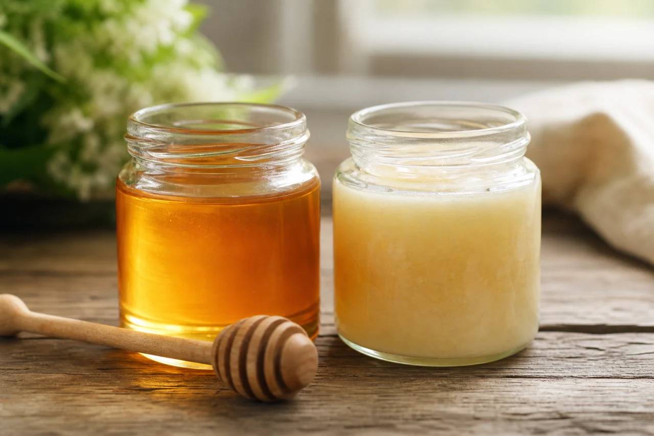Flüssiger und cremiger Honig in Gläsern