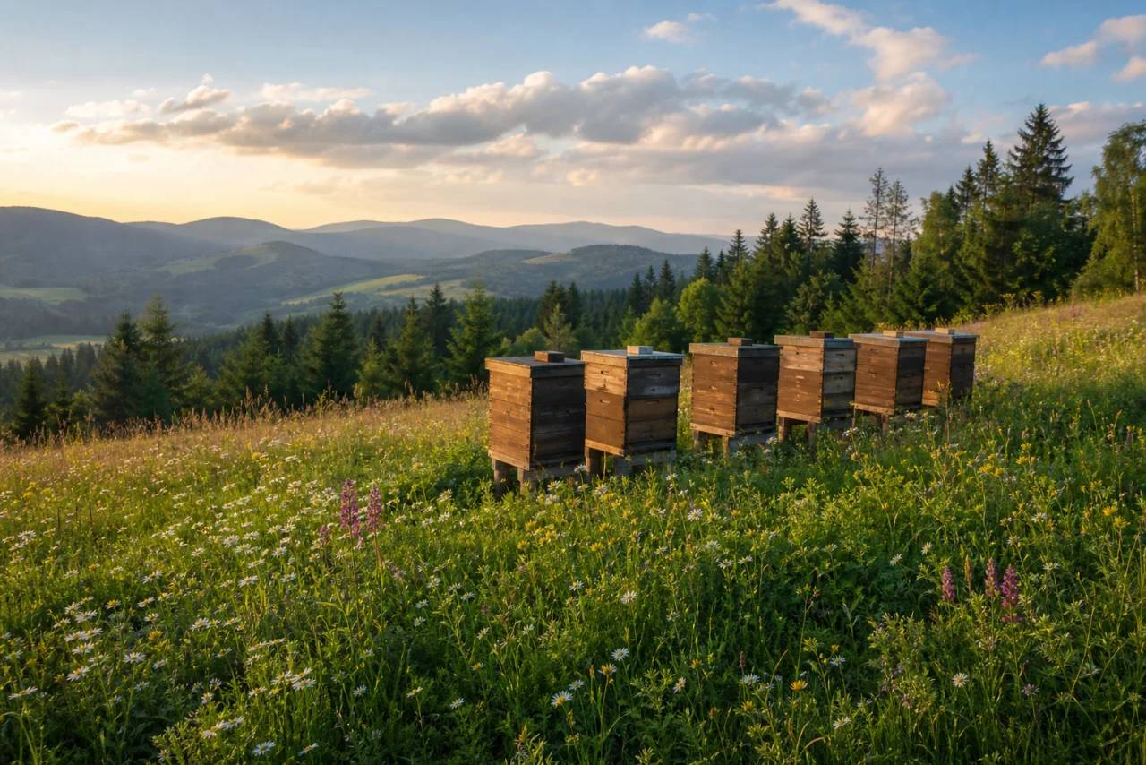 Bienenstöcke auf einer Blumenwiese im Bayerischen Wald